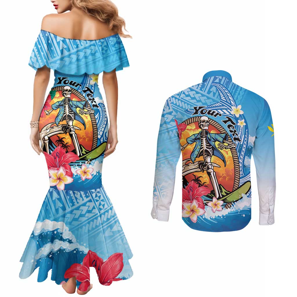 Personalized Aloha Hawaii Skeleton Surfing Couples Matching Mermaid Dress and Long Sleeve Button Shirt Tribal Shark Plumeria LT01 - Polynesian Pride