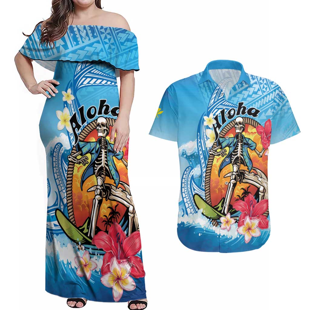 Personalized Aloha Hawaii Skeleton Surfing Couples Matching Off Shoulder Maxi Dress and Hawaiian Shirt Tribal Shark Plumeria LT01 Blue - Polynesian Pride