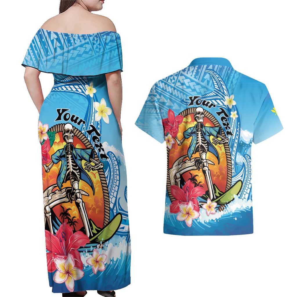 Personalized Aloha Hawaii Skeleton Surfing Couples Matching Off Shoulder Maxi Dress and Hawaiian Shirt Tribal Shark Plumeria LT01 - Polynesian Pride
