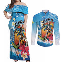 Personalized Aloha Hawaii Skeleton Surfing Couples Matching Off Shoulder Maxi Dress and Long Sleeve Button Shirt Tribal Shark Plumeria LT01 Blue - Polynesian Pride