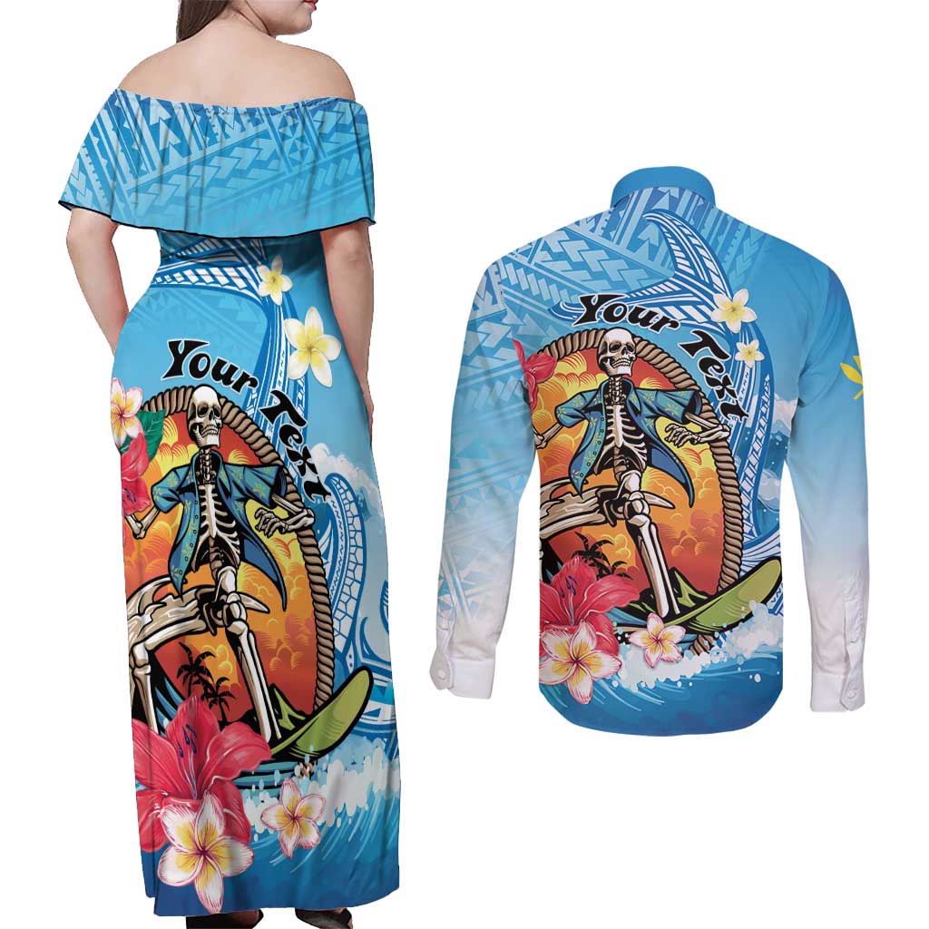 Personalized Aloha Hawaii Skeleton Surfing Couples Matching Off Shoulder Maxi Dress and Long Sleeve Button Shirt Tribal Shark Plumeria LT01 - Polynesian Pride