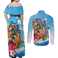 Personalized Aloha Hawaii Skeleton Surfing Couples Matching Off Shoulder Maxi Dress and Long Sleeve Button Shirt Tribal Shark Plumeria LT01 - Polynesian Pride