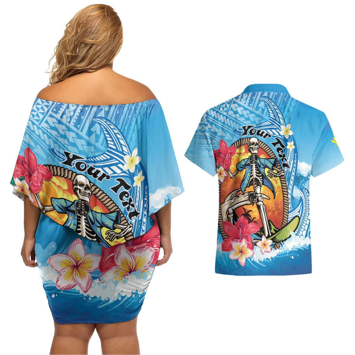Personalized Aloha Hawaii Skeleton Surfing Couples Matching Off Shoulder Short Dress and Hawaiian Shirt Tribal Shark Plumeria