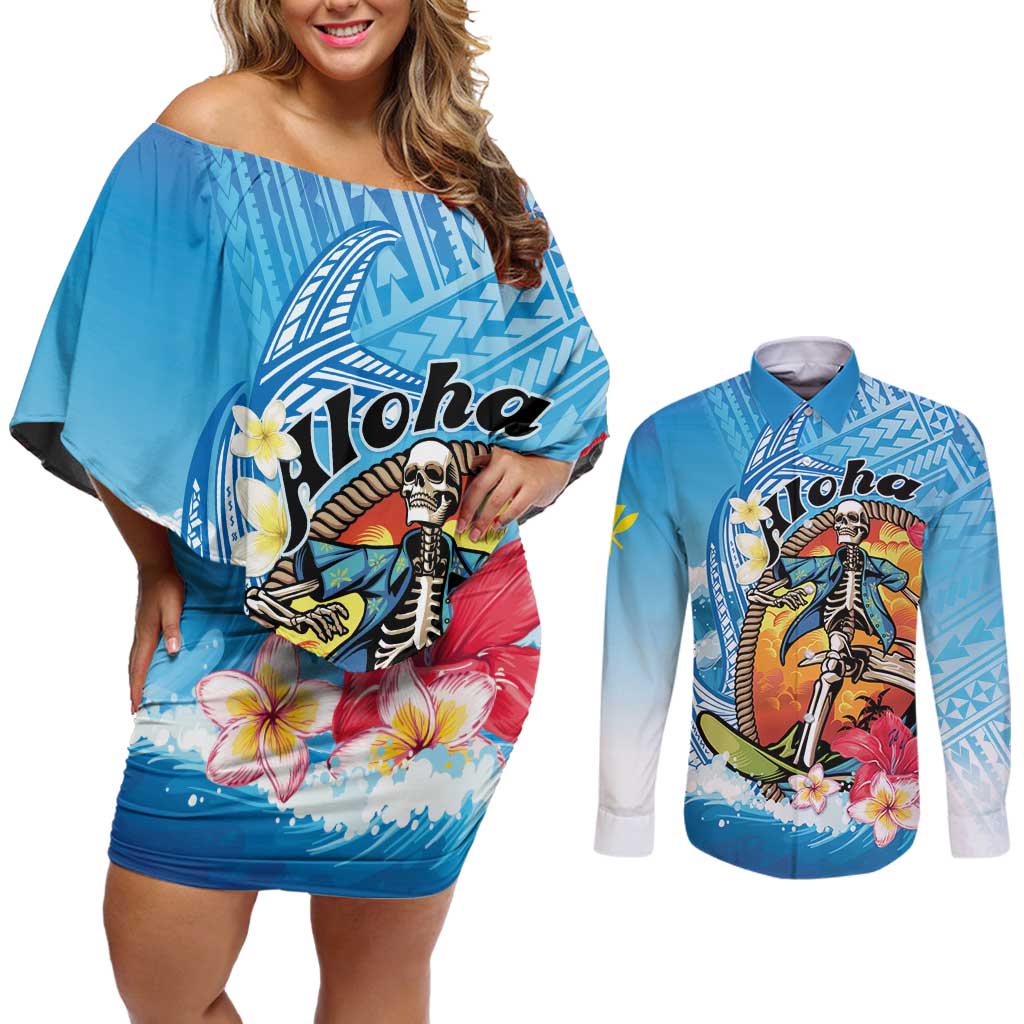 Personalized Aloha Hawaii Skeleton Surfing Couples Matching Off Shoulder Short Dress and Long Sleeve Button Shirt Tribal Shark Plumeria LT01 Blue - Polynesian Pride