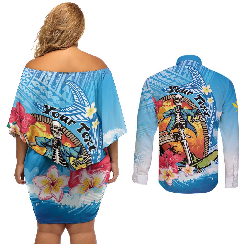 Personalized Aloha Hawaii Skeleton Surfing Couples Matching Off Shoulder Short Dress and Long Sleeve Button Shirt Tribal Shark Plumeria LT01 - Polynesian Pride