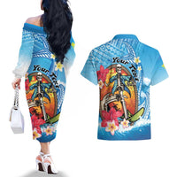 Personalized Aloha Hawaii Skeleton Surfing Couples Matching Off The Shoulder Long Sleeve Dress and Hawaiian Shirt Tribal Shark Plumeria
