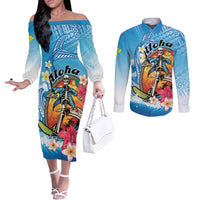 Personalized Aloha Hawaii Skeleton Surfing Couples Matching Off The Shoulder Long Sleeve Dress and Long Sleeve Button Shirt Tribal Shark Plumeria LT01 Blue - Polynesian Pride
