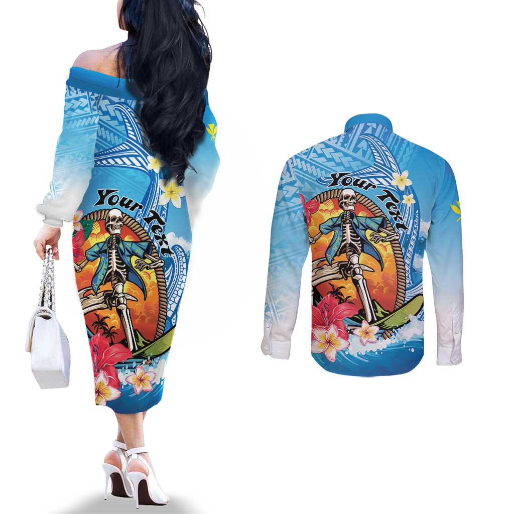 Personalized Aloha Hawaii Skeleton Surfing Couples Matching Off The Shoulder Long Sleeve Dress and Long Sleeve Button Shirt Tribal Shark Plumeria LT01 - Polynesian Pride