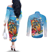 Personalized Aloha Hawaii Skeleton Surfing Couples Matching Off The Shoulder Long Sleeve Dress and Long Sleeve Button Shirt Tribal Shark Plumeria LT01 - Polynesian Pride