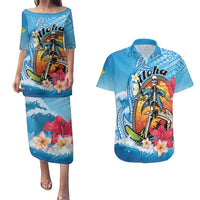 Personalized Aloha Hawaii Skeleton Surfing Couples Matching Puletasi and Hawaiian Shirt Tribal Shark Plumeria LT01 Blue - Polynesian Pride