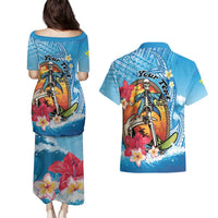 Personalized Aloha Hawaii Skeleton Surfing Couples Matching Puletasi and Hawaiian Shirt Tribal Shark Plumeria LT01 - Polynesian Pride