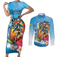 Personalized Aloha Hawaii Skeleton Surfing Couples Matching Short Sleeve Bodycon Dress and Long Sleeve Button Shirt Tribal Shark Plumeria LT01 Blue - Polynesian Pride