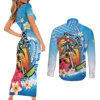 Personalized Aloha Hawaii Skeleton Surfing Couples Matching Short Sleeve Bodycon Dress and Long Sleeve Button Shirt Tribal Shark Plumeria LT01 - Polynesian Pride