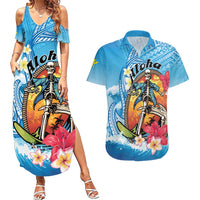 Personalized Aloha Hawaii Skeleton Surfing Couples Matching Summer Maxi Dress and Hawaiian Shirt Tribal Shark Plumeria