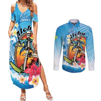 Personalized Aloha Hawaii Skeleton Surfing Couples Matching Summer Maxi Dress and Long Sleeve Button Shirt Tribal Shark Plumeria LT01 Blue - Polynesian Pride