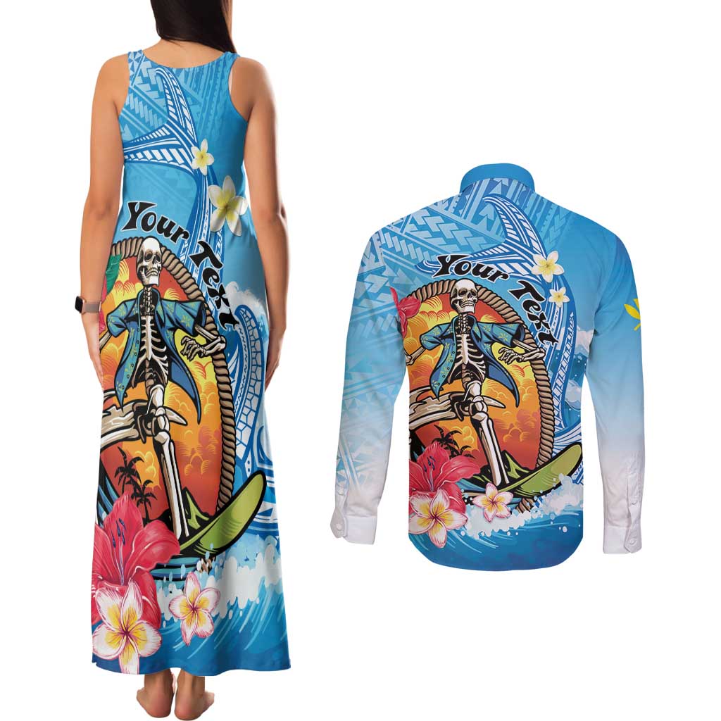 Personalized Aloha Hawaii Skeleton Surfing Couples Matching Tank Maxi Dress and Long Sleeve Button Shirt Tribal Shark Plumeria LT01 - Polynesian Pride