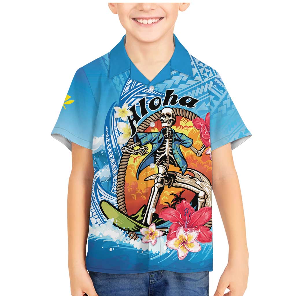 Personalized Aloha Hawaii Skeleton Surfing Family Matching Mermaid Dress and Hawaiian Shirt Tribal Shark Plumeria LT01 Son's Shirt Blue - Polynesian Pride