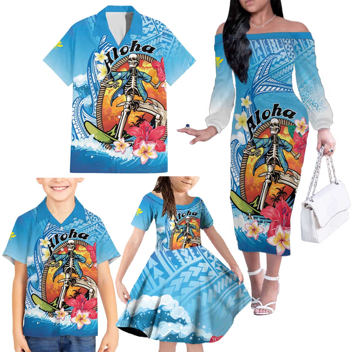 Personalized Aloha Hawaii Skeleton Surfing Family Matching Off The Shoulder Long Sleeve Dress and Hawaiian Shirt Tribal Shark Plumeria LT01 - Polynesian Pride