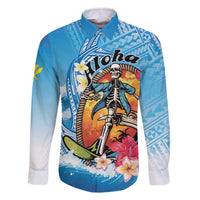 Personalized Aloha Hawaii Skeleton Surfing Family Matching Off The Shoulder Long Sleeve Dress and Hawaiian Shirt Tribal Shark Plumeria LT01 Dad's Shirt - Long Sleeve Blue - Polynesian Pride