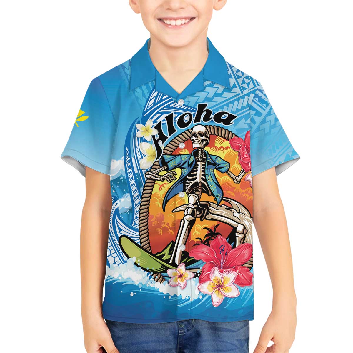 Personalized Aloha Hawaii Skeleton Surfing Family Matching Off The Shoulder Long Sleeve Dress and Hawaiian Shirt Tribal Shark Plumeria LT01 Son's Shirt Blue - Polynesian Pride