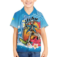 Personalized Aloha Hawaii Skeleton Surfing Family Matching Off The Shoulder Long Sleeve Dress and Hawaiian Shirt Tribal Shark Plumeria LT01 Son's Shirt Blue - Polynesian Pride