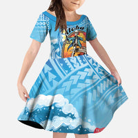 Personalized Aloha Hawaii Skeleton Surfing Family Matching Off Shoulder Maxi Dress and Hawaiian Shirt Tribal Shark Plumeria LT01 Daughter's Dress Blue - Polynesian Pride
