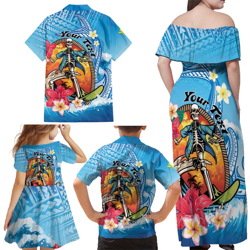 Personalized Aloha Hawaii Skeleton Surfing Family Matching Off Shoulder Maxi Dress and Hawaiian Shirt Tribal Shark Plumeria LT01 - Polynesian Pride
