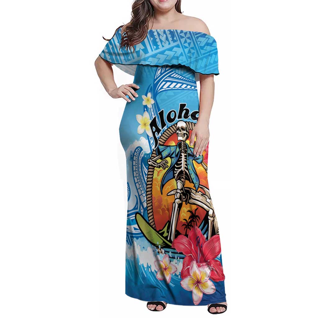 Personalized Aloha Hawaii Skeleton Surfing Family Matching Off Shoulder Maxi Dress and Hawaiian Shirt Tribal Shark Plumeria LT01 Mom's Dress Blue - Polynesian Pride