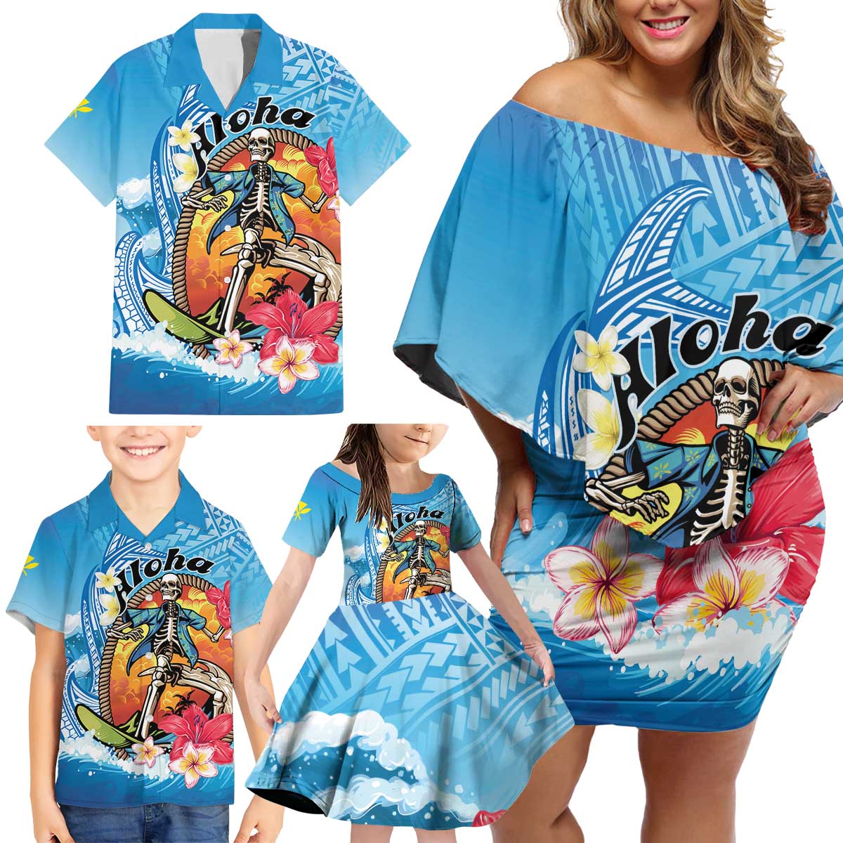 Personalized Aloha Hawaii Skeleton Surfing Family Matching Off Shoulder Short Dress and Hawaiian Shirt Tribal Shark Plumeria LT01 - Polynesian Pride