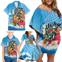 Personalized Aloha Hawaii Skeleton Surfing Family Matching Off Shoulder Short Dress and Hawaiian Shirt Tribal Shark Plumeria LT01 - Polynesian Pride