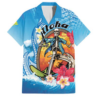 Personalized Aloha Hawaii Skeleton Surfing Family Matching Off Shoulder Short Dress and Hawaiian Shirt Tribal Shark Plumeria LT01 Dad's Shirt - Short Sleeve Blue - Polynesian Pride
