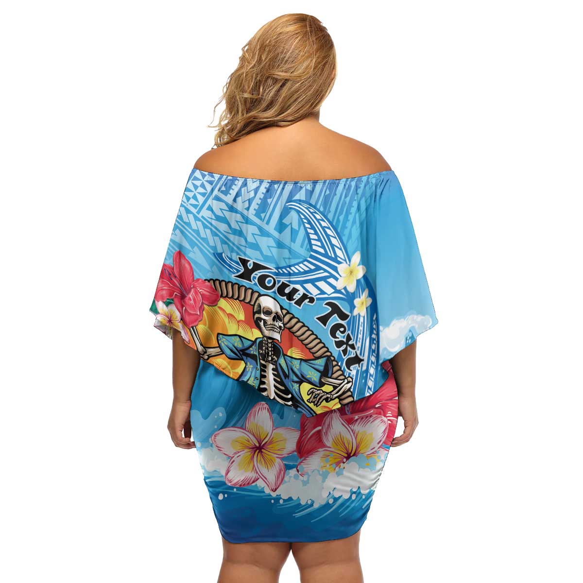 Personalized Aloha Hawaii Skeleton Surfing Family Matching Off Shoulder Short Dress and Hawaiian Shirt Tribal Shark Plumeria LT01 - Polynesian Pride