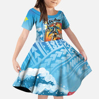 Personalized Aloha Hawaii Skeleton Surfing Family Matching Puletasi and Hawaiian Shirt Tribal Shark Plumeria LT01 Daughter's Dress Blue - Polynesian Pride