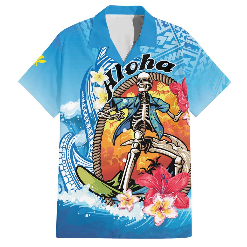 Personalized Aloha Hawaii Skeleton Surfing Family Matching Short Sleeve Bodycon Dress and Hawaiian Shirt Tribal Shark Plumeria LT01 Dad's Shirt - Short Sleeve Blue - Polynesian Pride