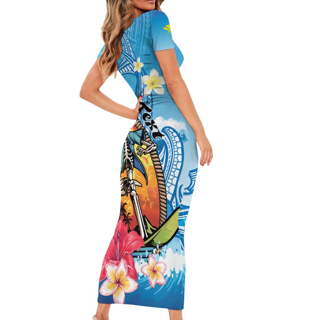 Personalized Aloha Hawaii Skeleton Surfing Family Matching Short Sleeve Bodycon Dress and Hawaiian Shirt Tribal Shark Plumeria LT01 - Polynesian Pride