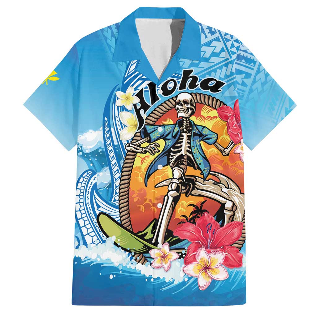 Personalized Aloha Hawaii Skeleton Surfing Family Matching Summer Maxi Dress and Hawaiian Shirt Tribal Shark Plumeria LT01 Dad's Shirt - Short Sleeve Blue - Polynesian Pride