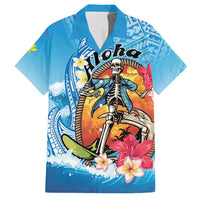 Personalized Aloha Hawaii Skeleton Surfing Family Matching Tank Maxi Dress and Hawaiian Shirt Tribal Shark Plumeria LT01 Dad's Shirt - Short Sleeve Blue - Polynesian Pride