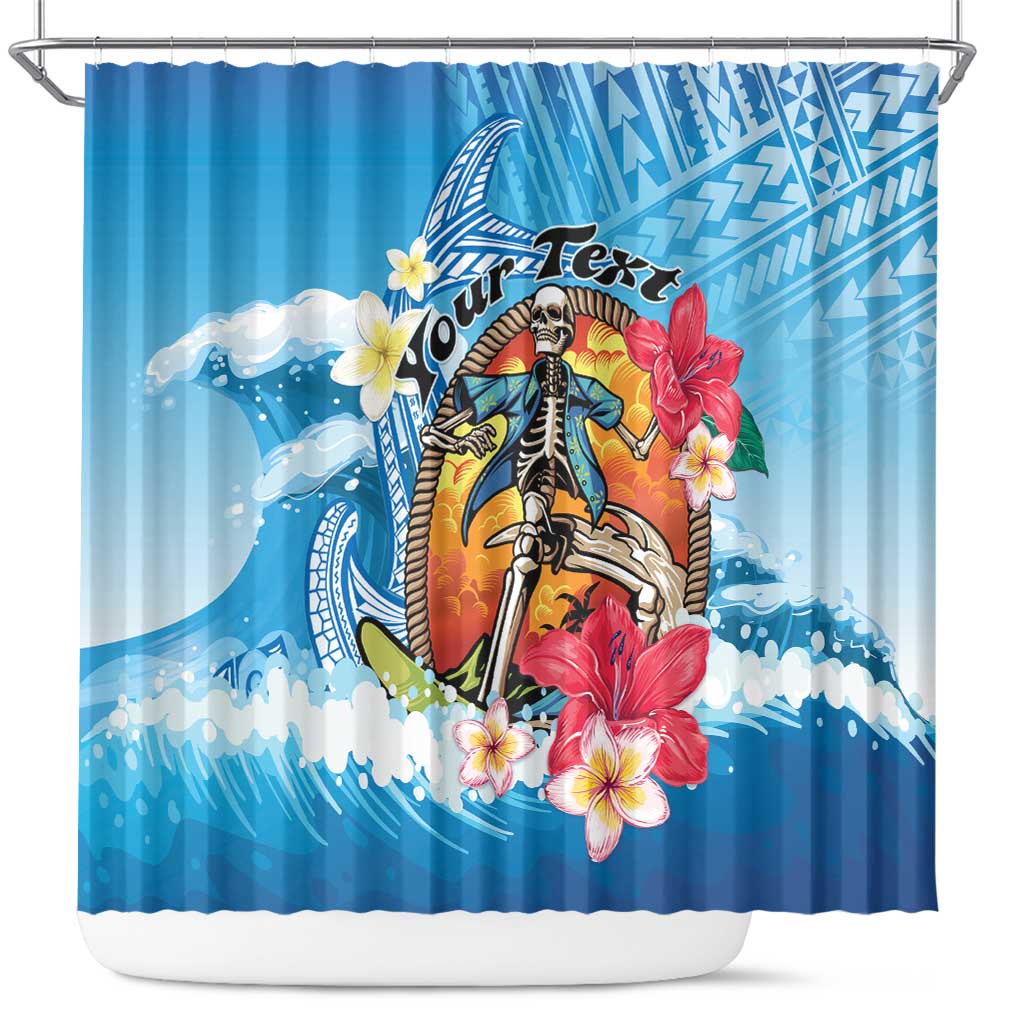 Personalized Aloha Hawaii Skeleton Surfing Shower Curtain Tribal Shark Plumeria LT01 Blue - Polynesian Pride