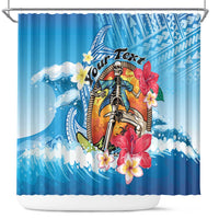 Personalized Aloha Hawaii Skeleton Surfing Shower Curtain Tribal Shark Plumeria LT01 Blue - Polynesian Pride
