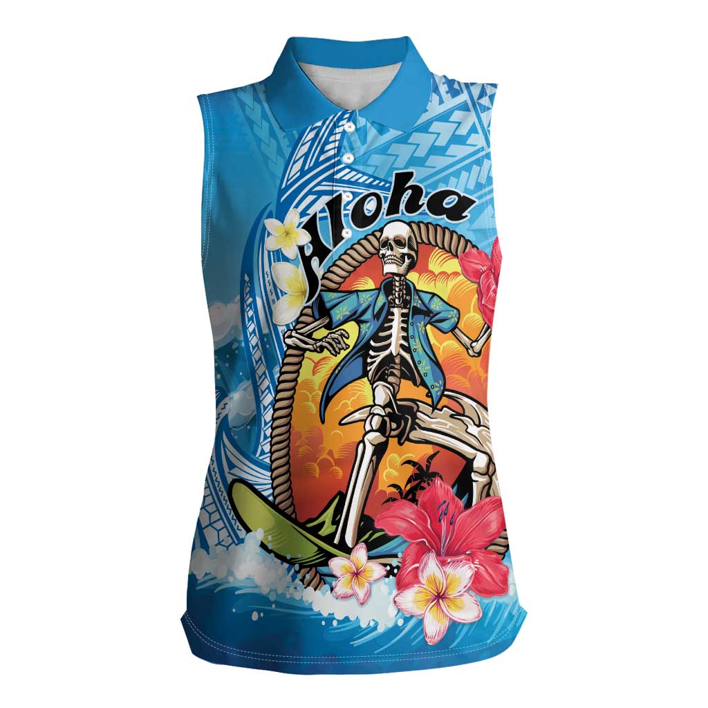 Personalized Aloha Hawaii Skeleton Surfing Women Sleeveless Polo Shirt Tribal Shark Plumeria LT01 Female Blue - Polynesian Pride