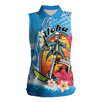 Personalized Aloha Hawaii Skeleton Surfing Women Sleeveless Polo Shirt Tribal Shark Plumeria LT01 Female Blue - Polynesian Pride