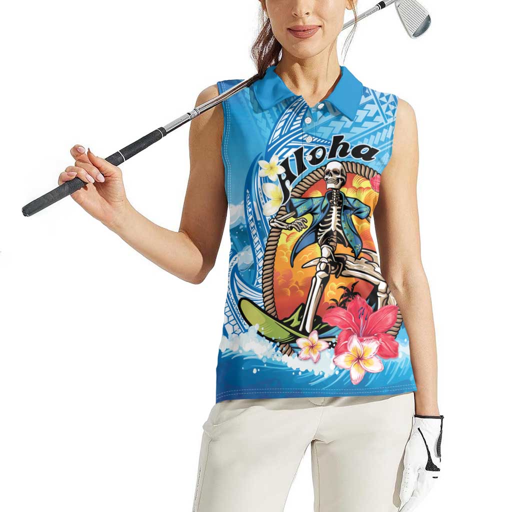 Personalized Aloha Hawaii Skeleton Surfing Women Sleeveless Polo Shirt Tribal Shark Plumeria LT01 - Polynesian Pride