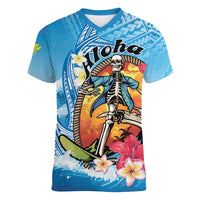Personalized Aloha Hawaii Skeleton Surfing Women V-Neck T-Shirt Tribal Shark Plumeria LT01 Female Blue - Polynesian Pride