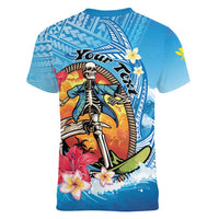 Personalized Aloha Hawaii Skeleton Surfing Women V-Neck T-Shirt Tribal Shark Plumeria LT01 - Polynesian Pride