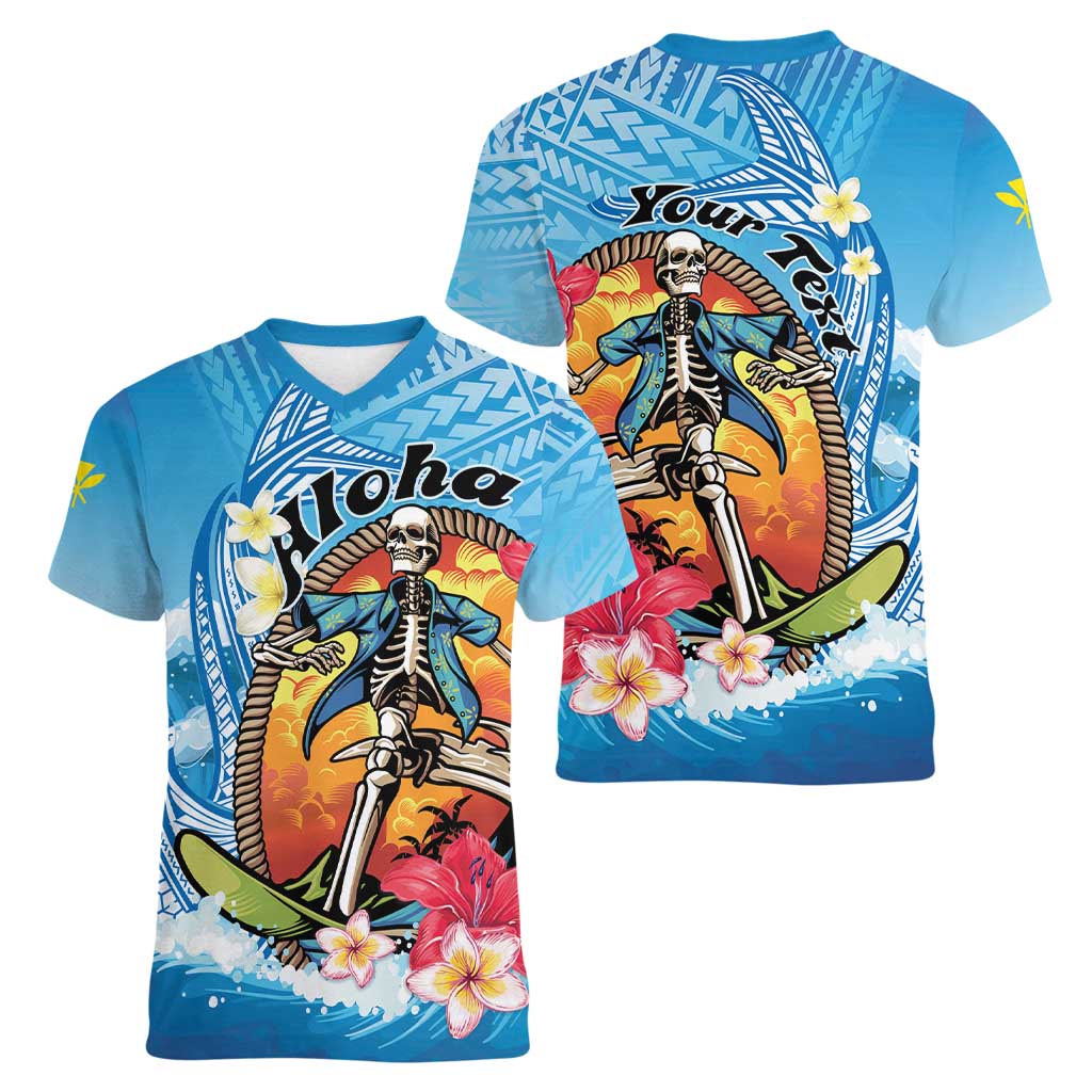 Personalized Aloha Hawaii Skeleton Surfing Women V-Neck T-Shirt Tribal Shark Plumeria LT01 - Polynesian Pride