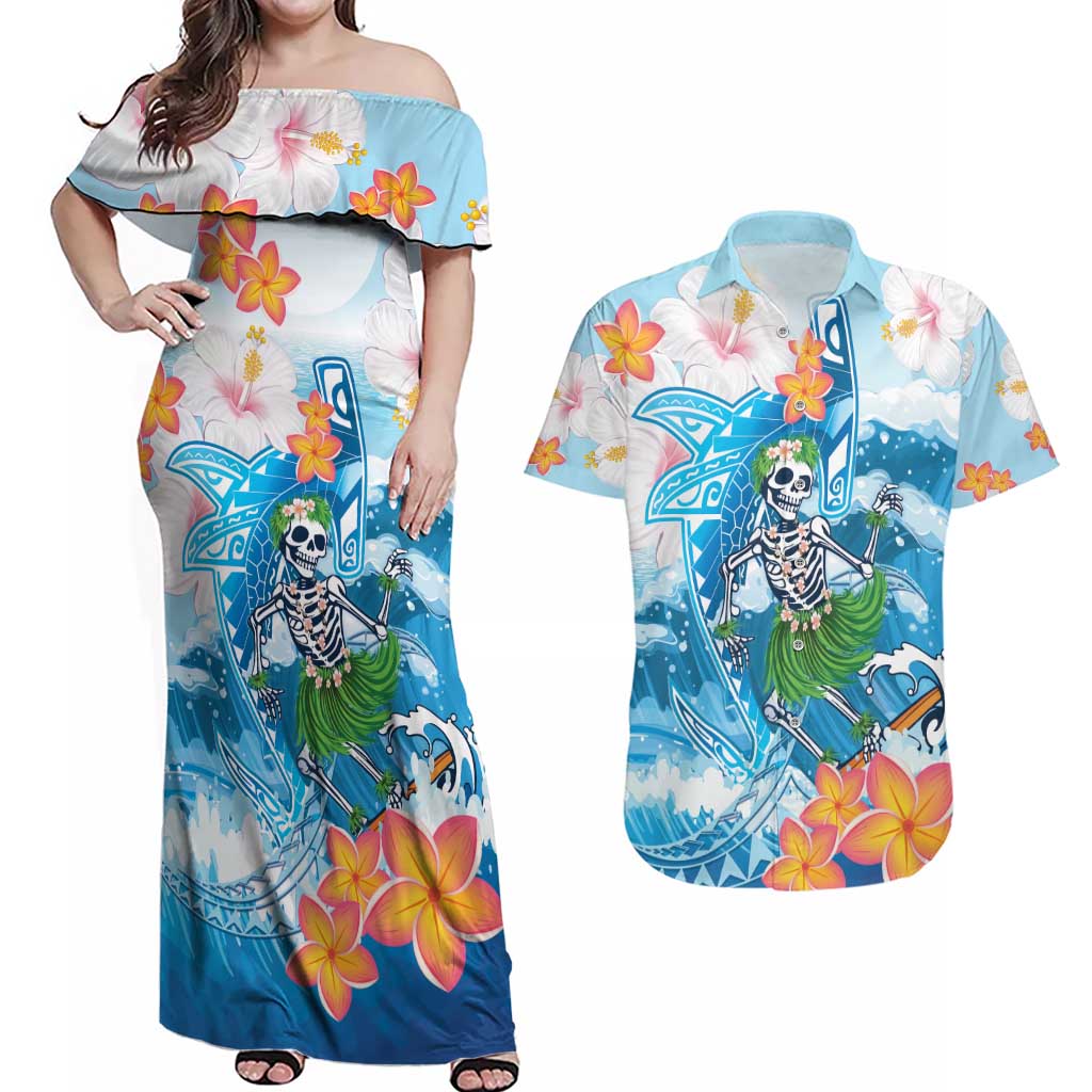 Personalized Hawaii Hula Girl Skeleton Dancing Couples Matching Off Shoulder Maxi Dress and Hawaiian Shirt Hibiscus Tribal Shark LT01 Blue - Polynesian Pride