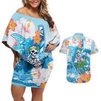 Personalized Hawaii Hula Girl Skeleton Dancing Couples Matching Off Shoulder Short Dress and Hawaiian Shirt Hibiscus Tribal Shark LT01 Blue - Polynesian Pride