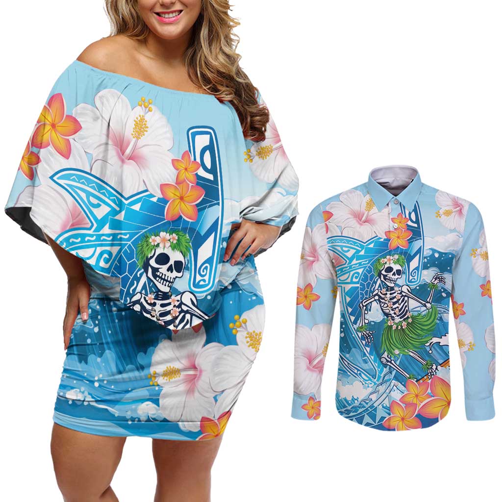 Personalized Hawaii Hula Girl Skeleton Dancing Couples Matching Off Shoulder Short Dress and Long Sleeve Button Shirt Hibiscus Tribal Shark LT01 Blue - Polynesian Pride