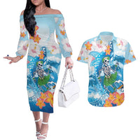 Personalized Hawaii Hula Girl Skeleton Dancing Couples Matching Off The Shoulder Long Sleeve Dress and Hawaiian Shirt Hibiscus Tribal Shark LT01 Blue - Polynesian Pride