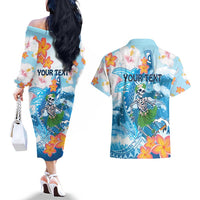 Personalized Hawaii Hula Girl Skeleton Dancing Couples Matching Off The Shoulder Long Sleeve Dress and Hawaiian Shirt Hibiscus Tribal Shark LT01 - Polynesian Pride